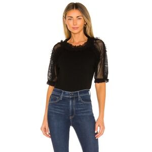 Siani Black Ruffle Mesh Sleeve Knit Top Size M | Elegant Short Sleeve Blouse